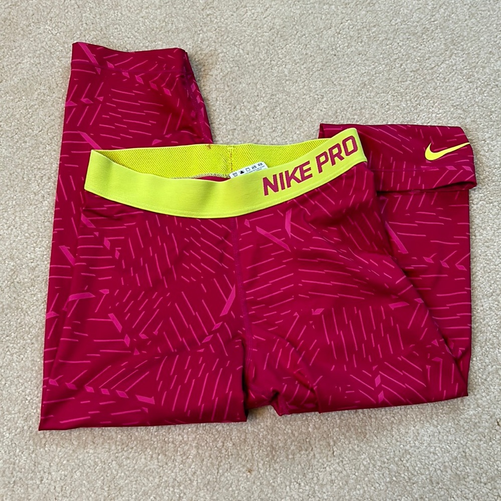 Pink and Neon Yellow Nike Pro Capri Pants Size Small Dri-Fit